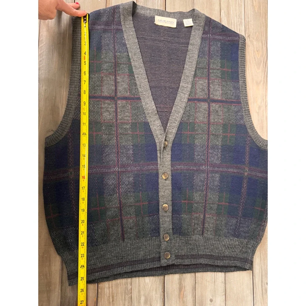 Vintage Murano Plaid V-Neck Button Front‎ Sweater Vest Size L Made in Italy
